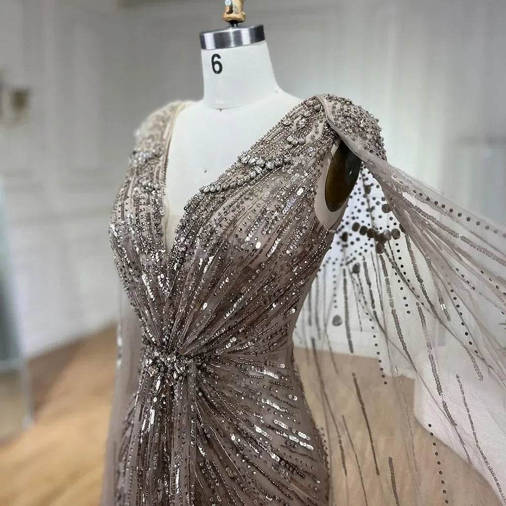 Serene Hill Turquoise Mermaid Evening Dress with Beaded Cape Sleeves