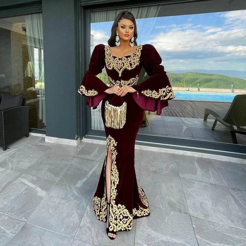 Gendriergarcia Burgundy Mermaid Caftan Dress - Appliques & Long Sleeves