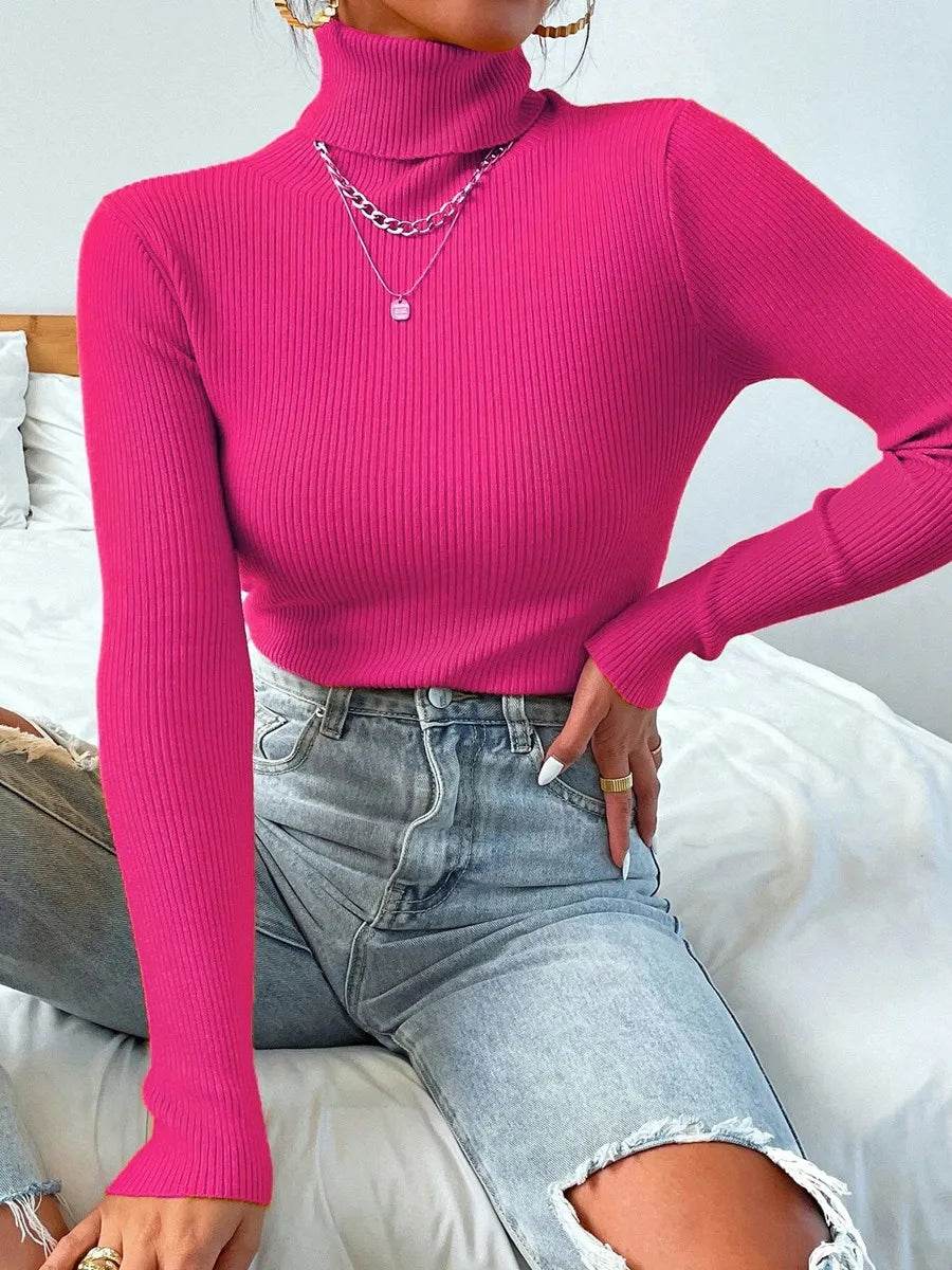 Women's Solid Knit Turtleneck Pullover - Casual Winter Sweater