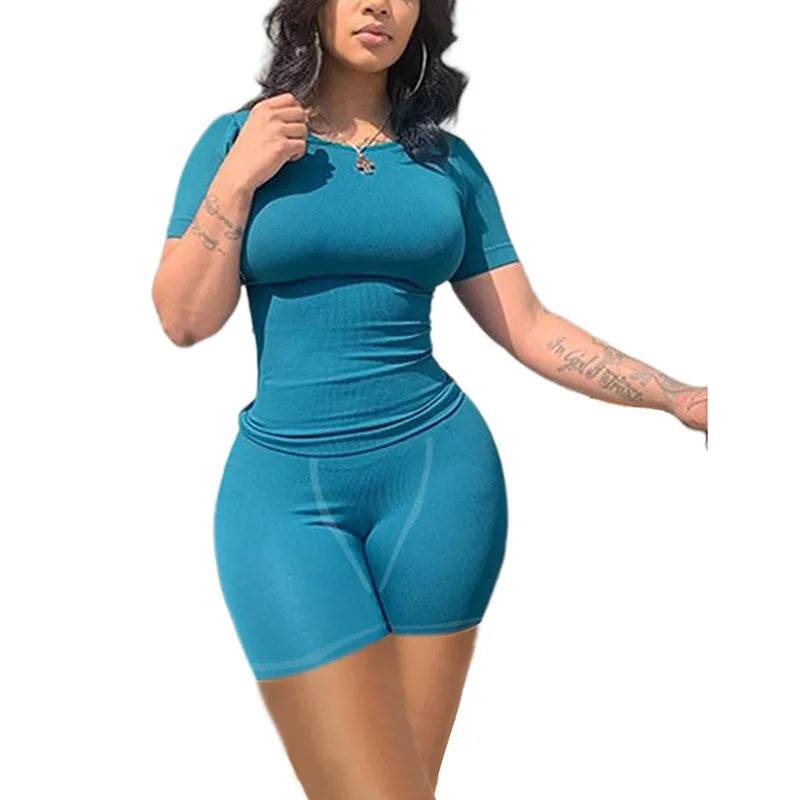 Women's Casual Ribbed 2 Piece Summer Shorts Set - Short Sleeve Top