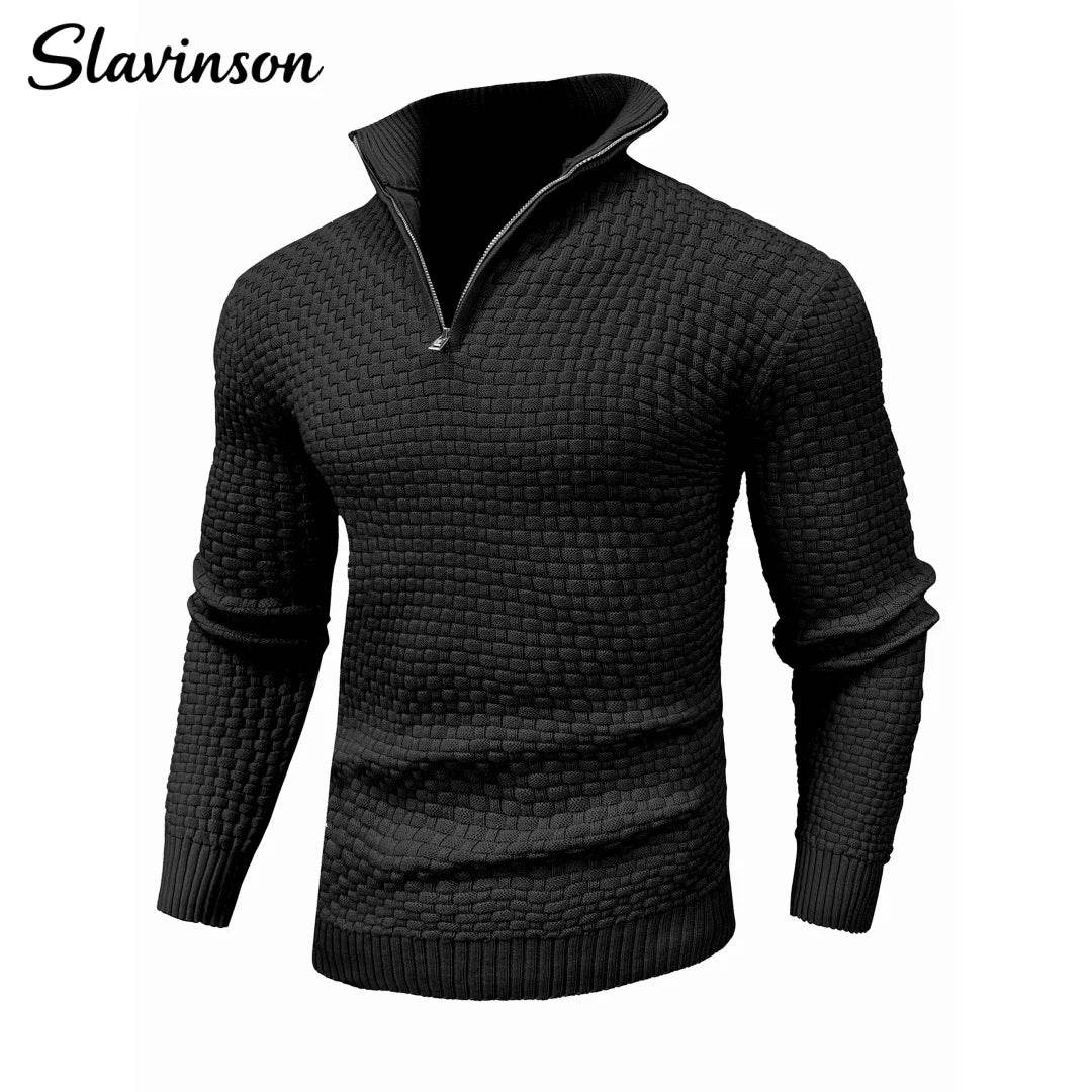 Slavinson Men's Sweater Winter Warm Zip Up Pullover Waffle Knit Mock Neck Turtleneck Soft Long Sleeve Top US Size