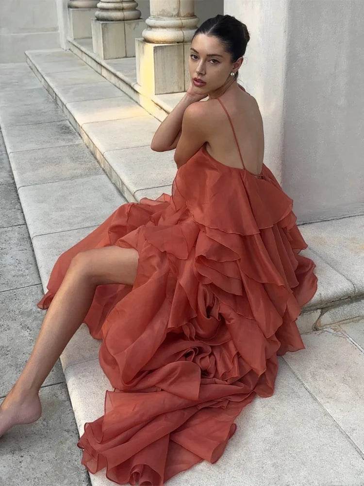 Elegant Backless Ruffled Halter Dress for Women - Luxurious Party Look