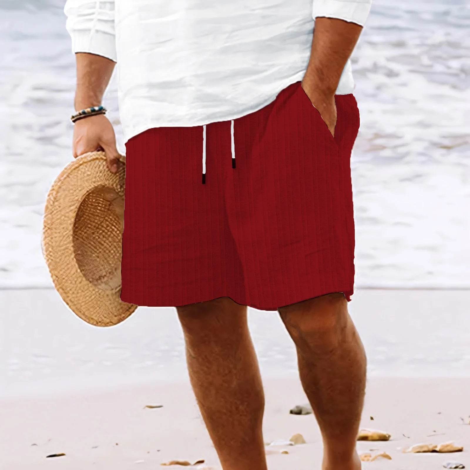 2025 Men's Striped Beach Shorts - Cotton Linen Multi-Bag Style Pants