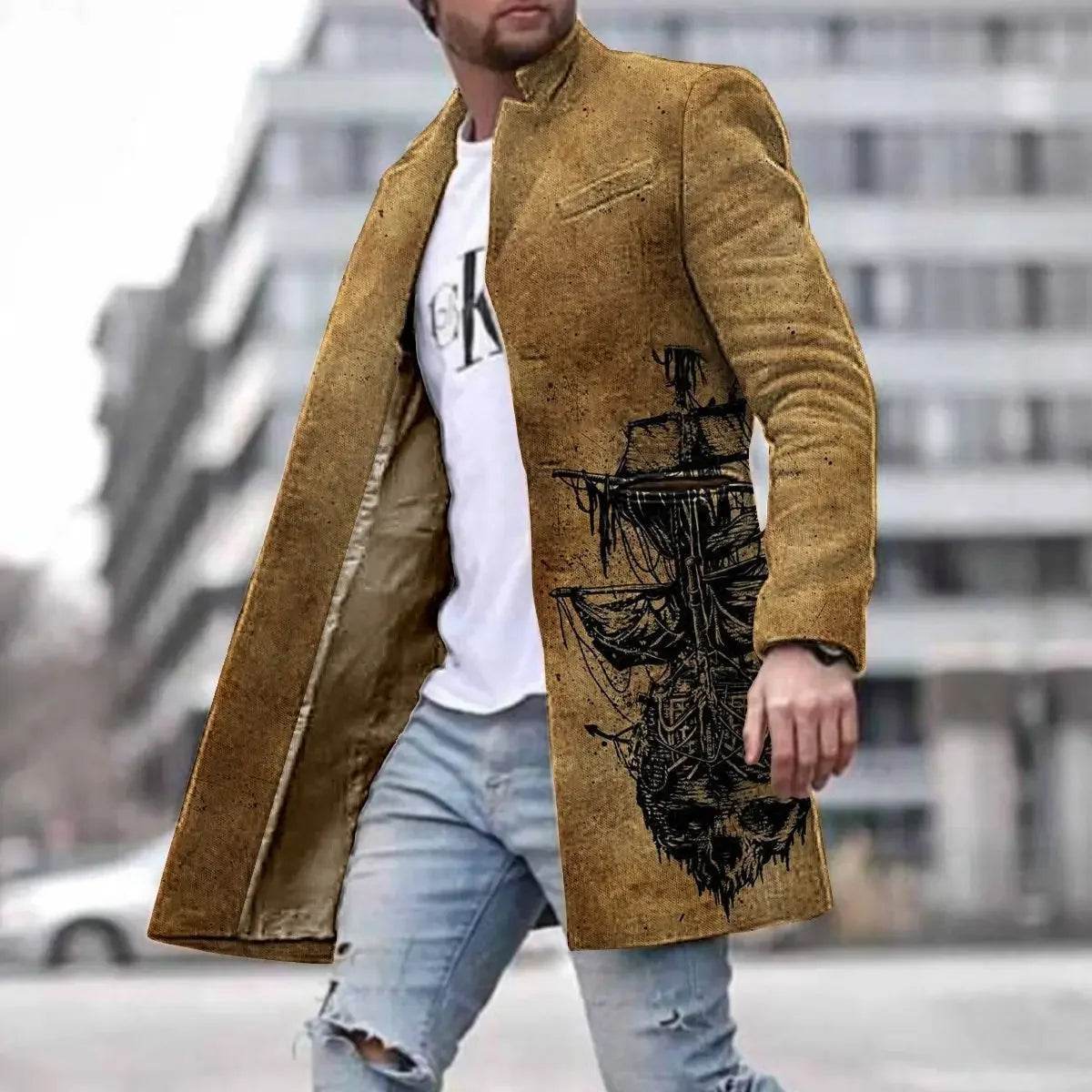 Men's Spring Woolen Trench Coat - Casual Street Style with Pockets
