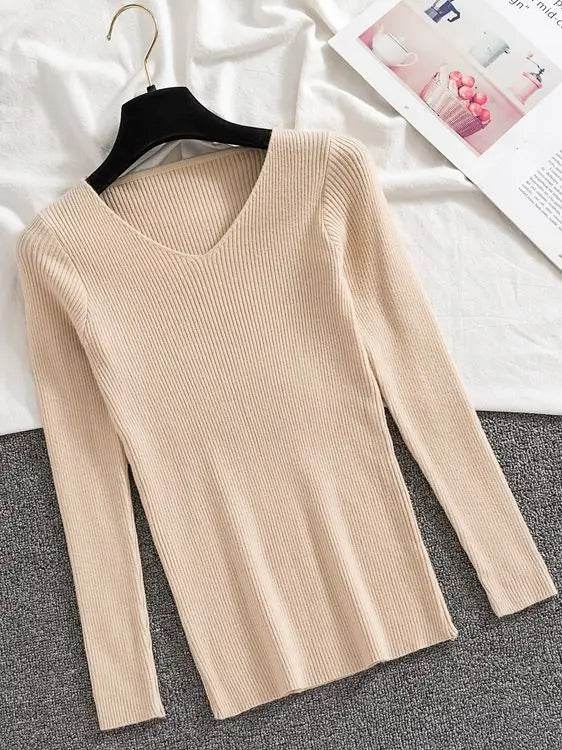 AOSSVIAO Women’s V Neck Sweater - Casual Slim-fit Long Sleeve Top