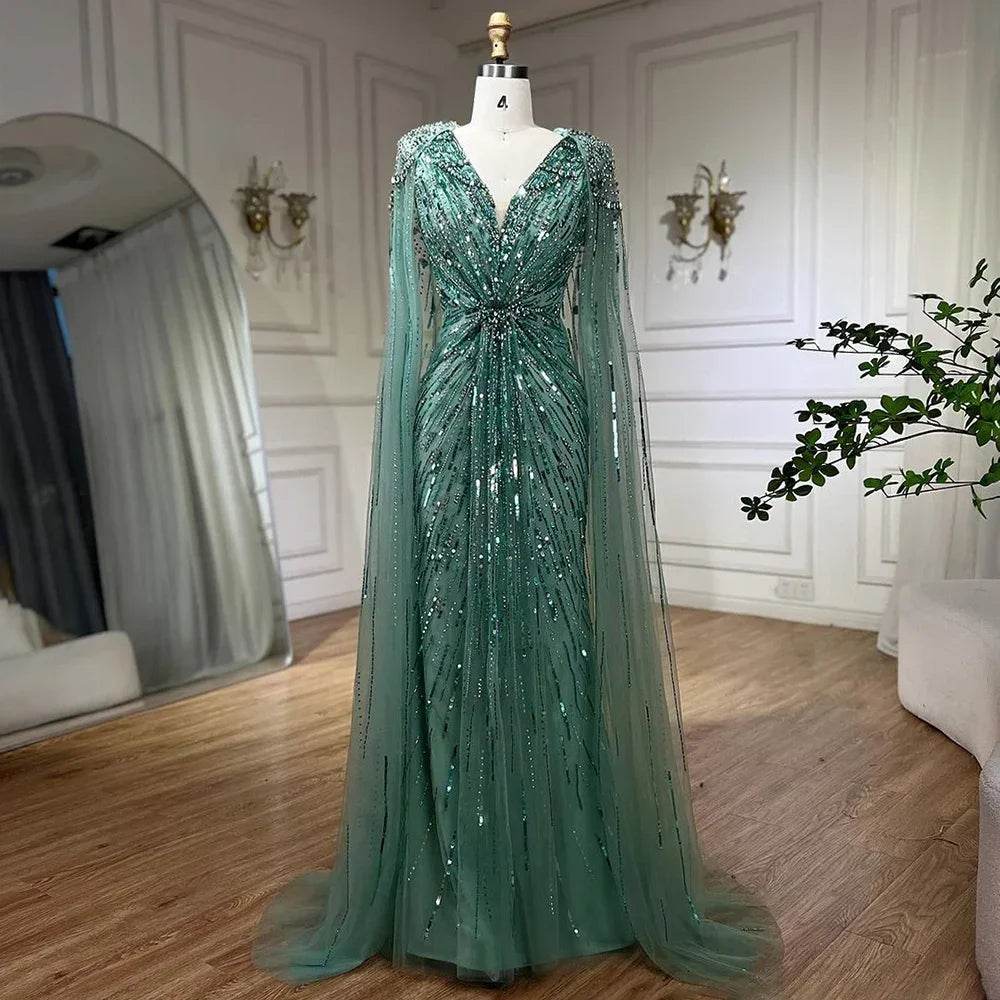 Serene Hill Turquoise Mermaid Evening Dress with Beaded Cape Sleeves