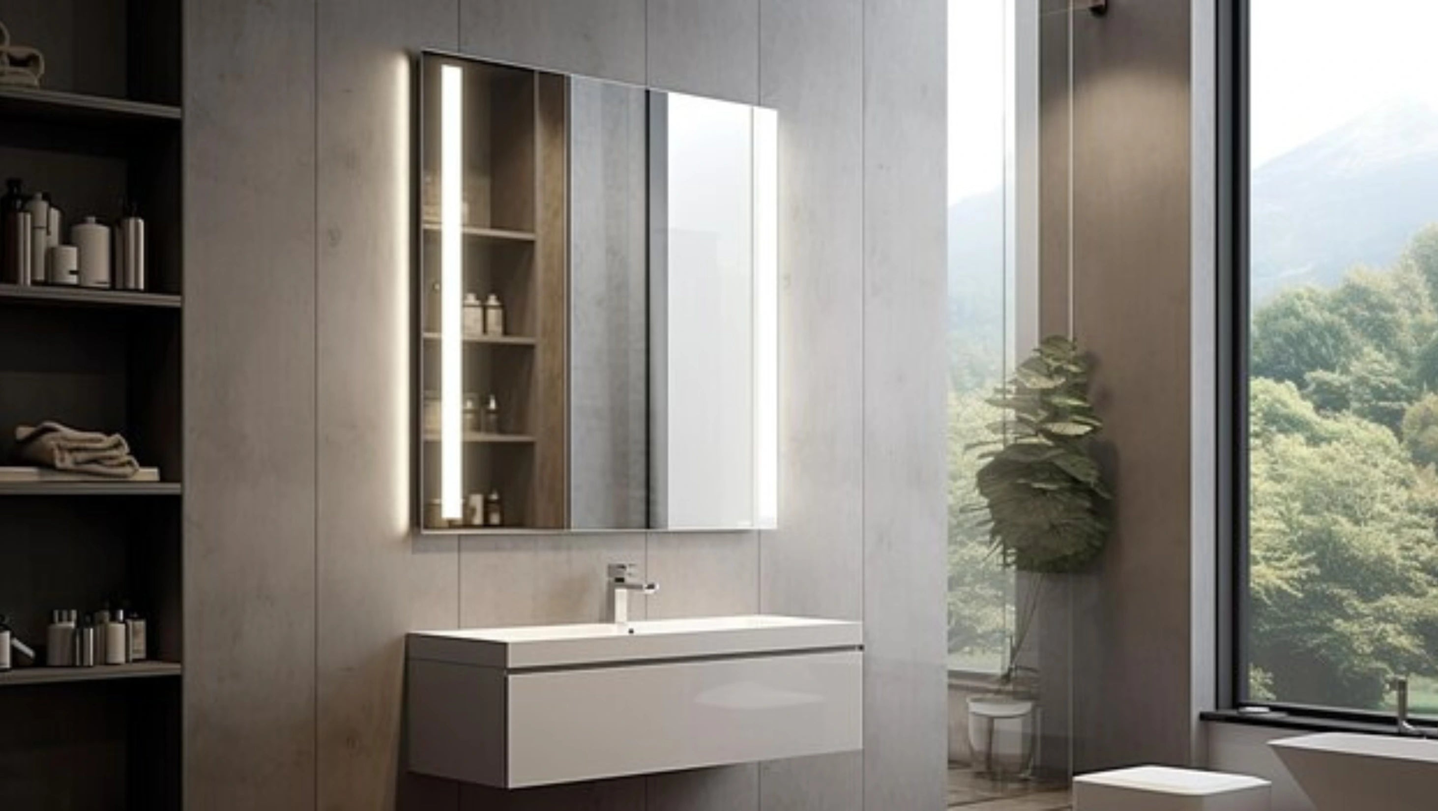 Verspiegelter Badezimmerschrank mit schlankem Design.