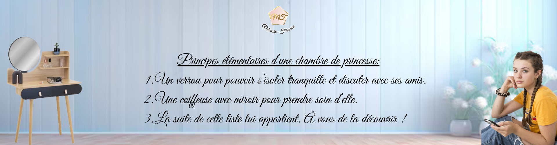 Coiffeuse avec miroir LED pour chambre de jeune fille avec message inspirant.