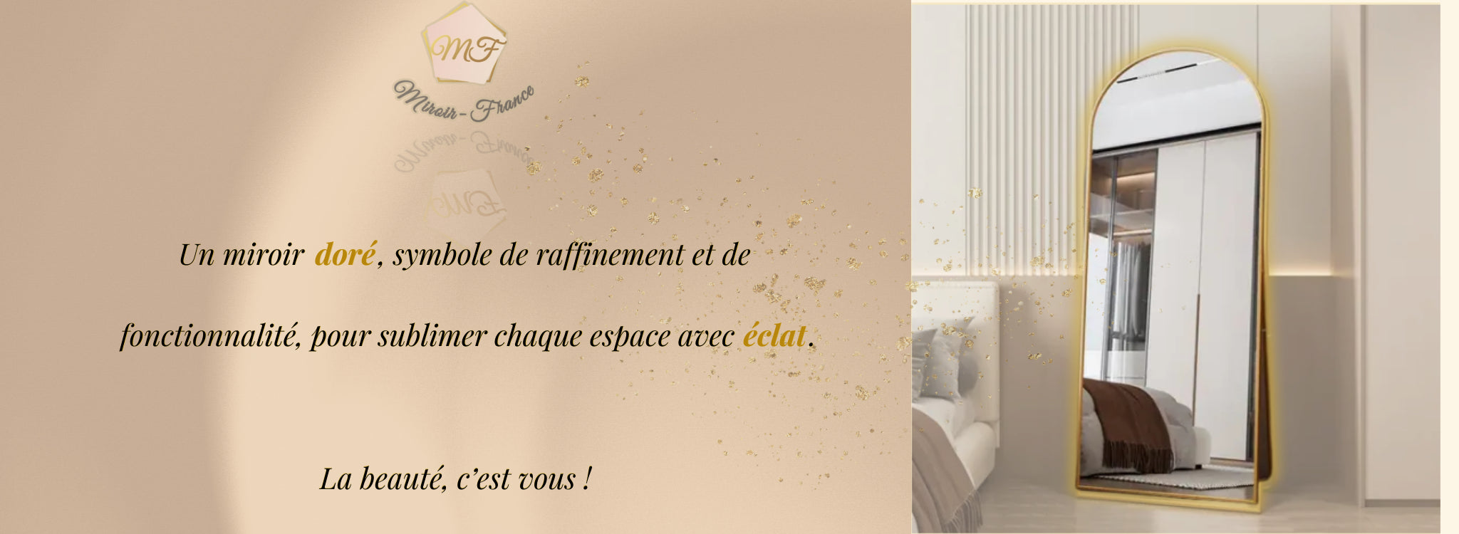 Miroir sur pied doré 180x80 cm élégant dans une chambre moderne
