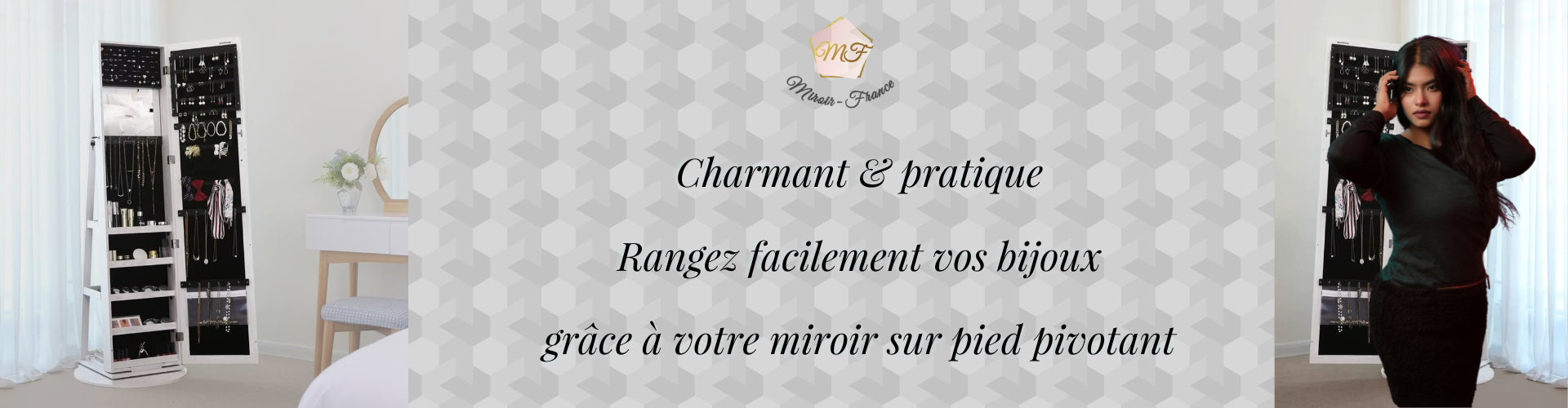 Charmant et pratique, miroir sur pied pivotant avec rangement pour bijoux, intégré dans une décoration élégante.