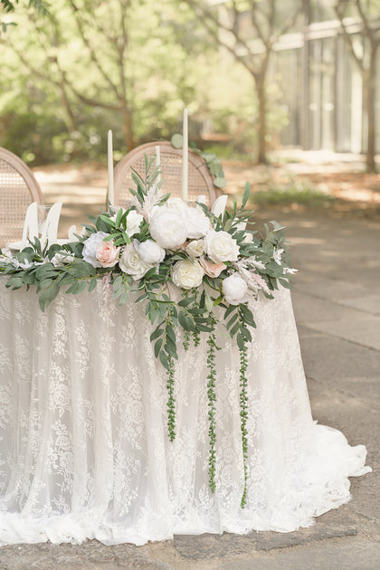 Flower Swag and Tablecloth for Sweetheart/Head Table - White & Sage