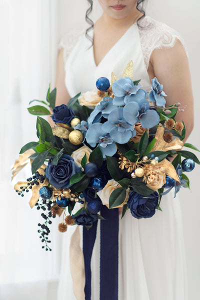 Deluxe Free-Form Bridal Bouquet in Navy Blue & Gold on Sale