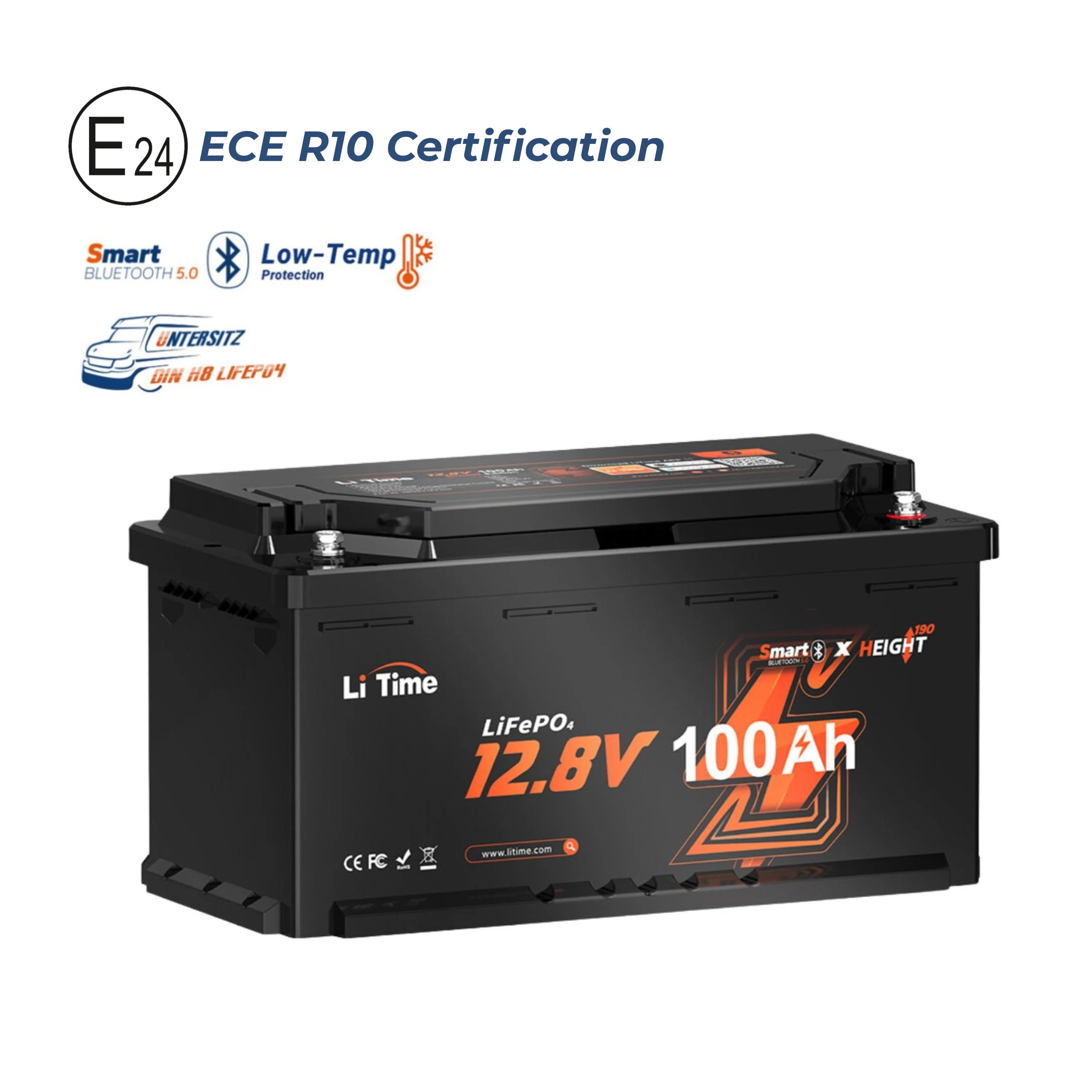 Batería LiFePO4 12V 100Ah H190 para Autocaravanas – Bluetooth, Montaje Bajo Asiento, Formato DIN H8, 2 Paquetes