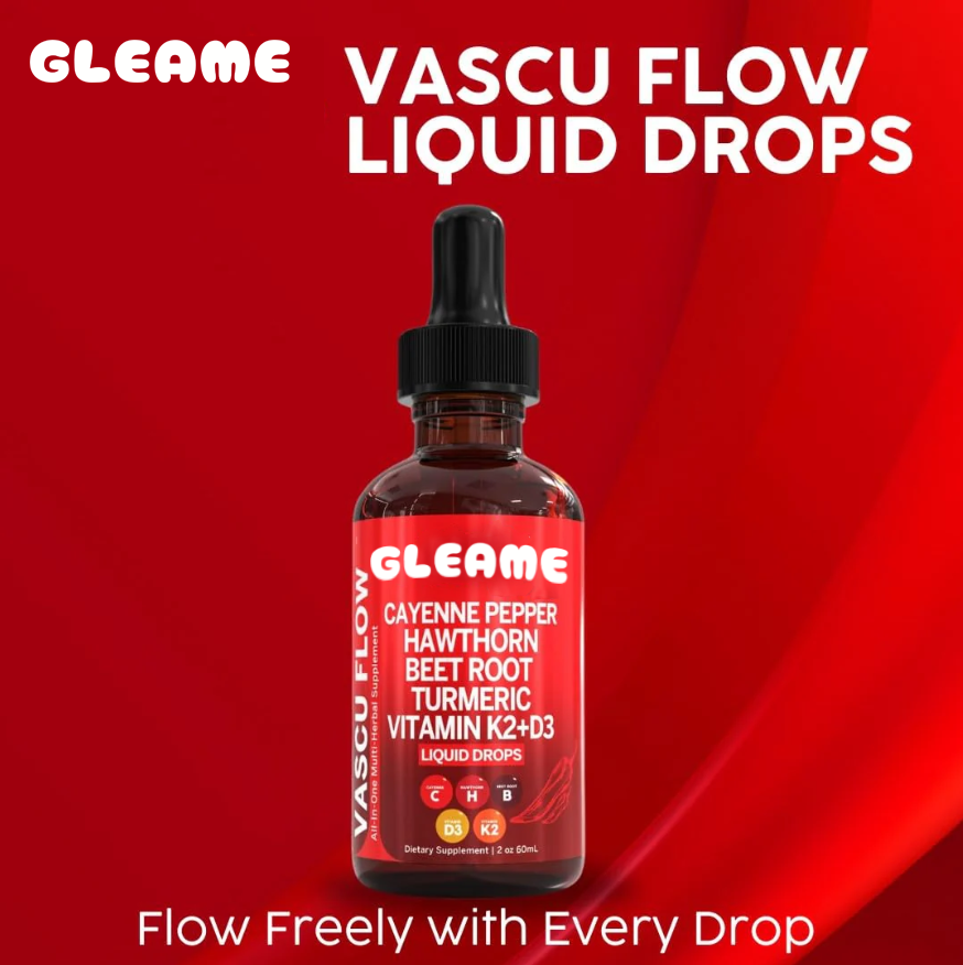 Bottle of Vascu Flow liquid drops with ingredients listed on a red background.