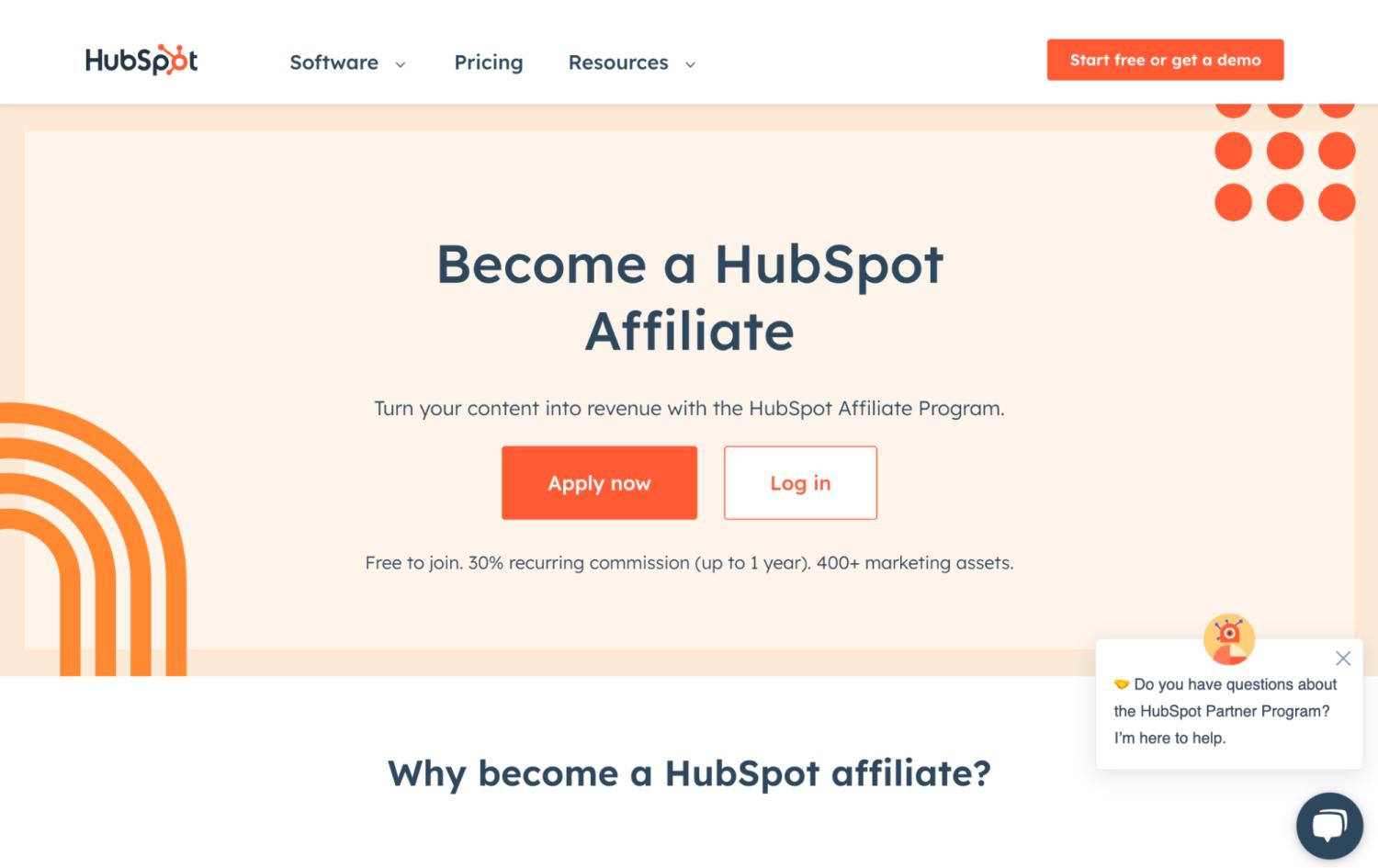 HubSpots webbsida med erbjudande om att bli en HubSpot Affiliate.