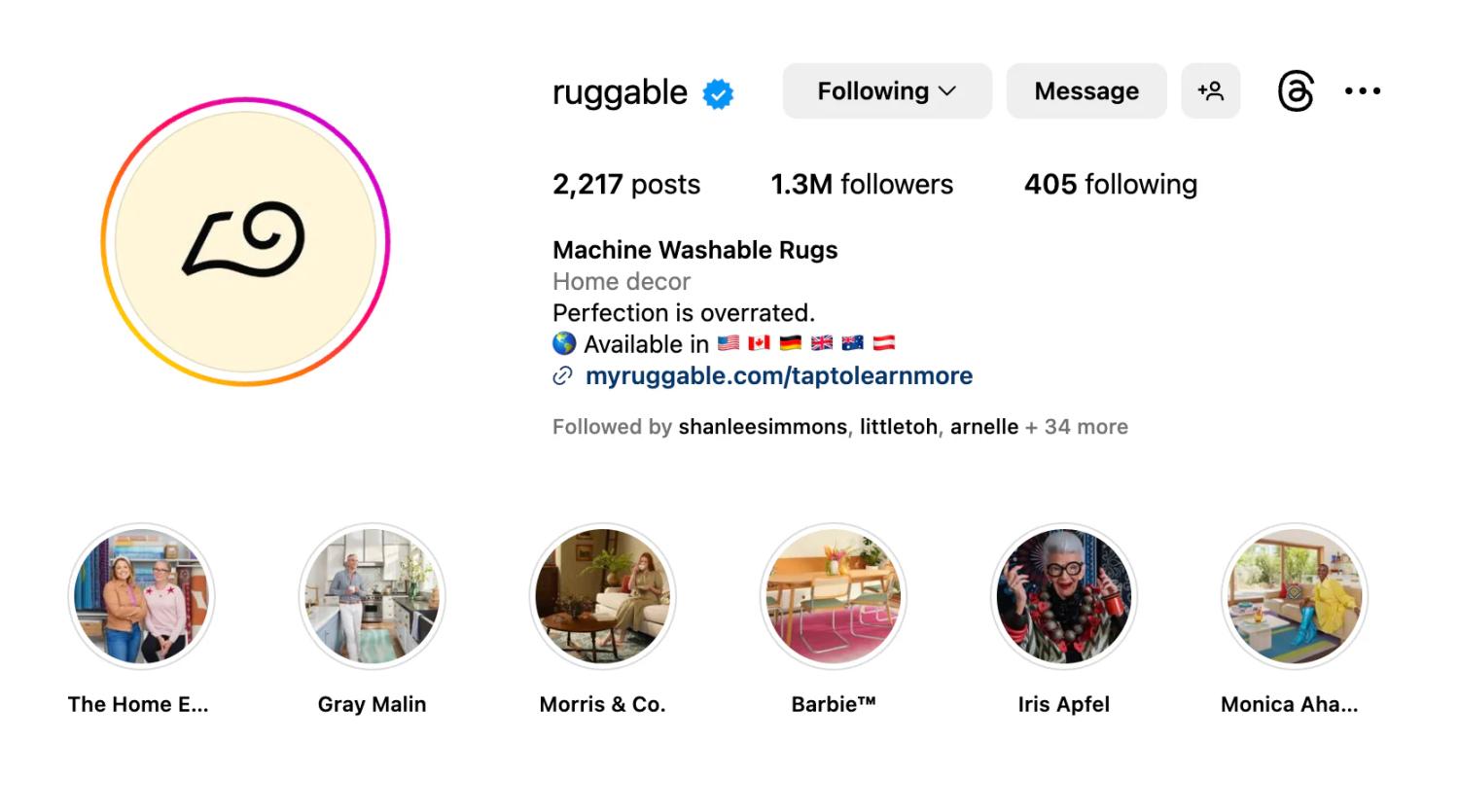 Ruggables Instagram-profil med händelser kategoriserade i höjdpunkter som inkluderar Barbie, Iris Apfel och Gray Malin.