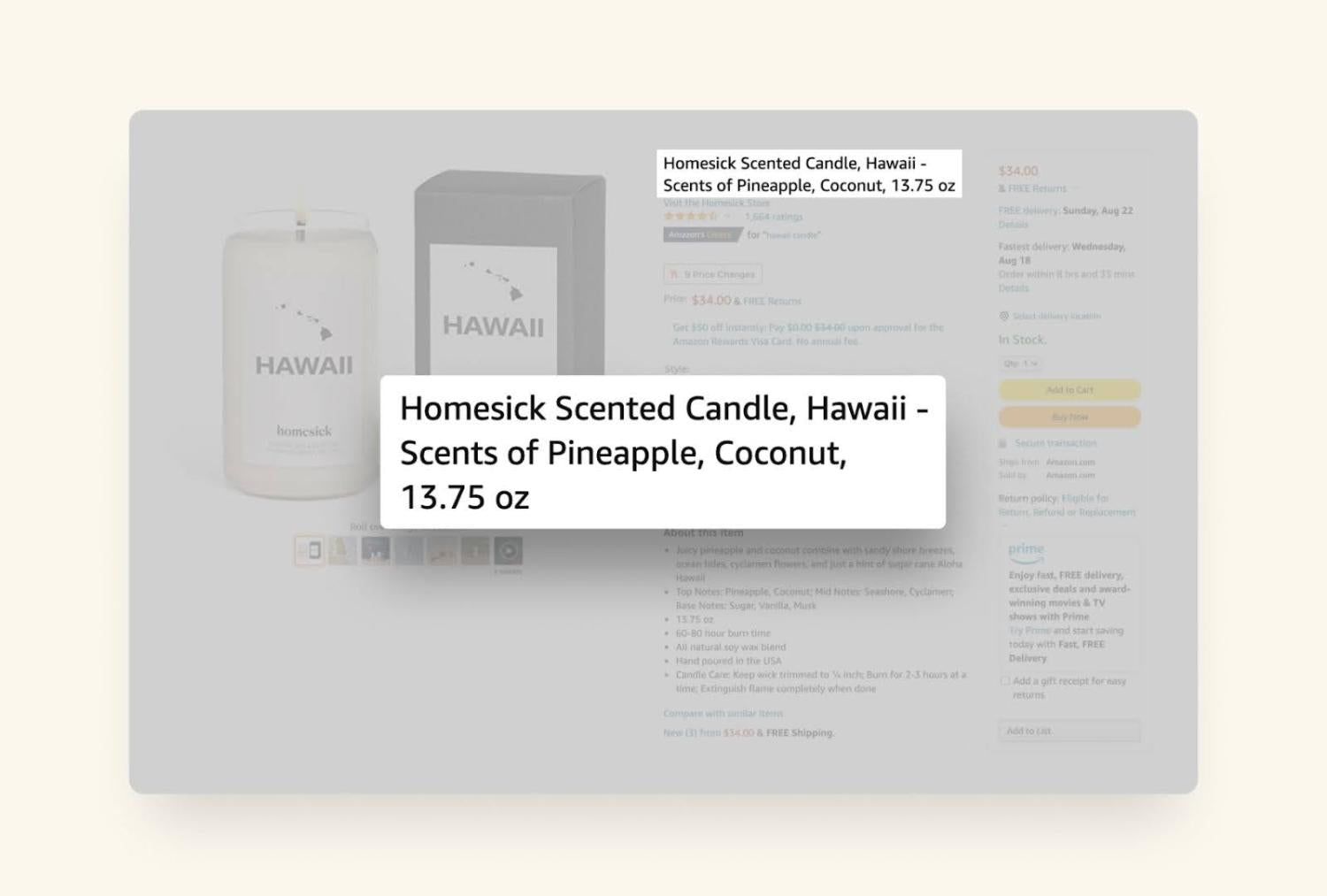 Amazons produktsida för Homesick varumärkesljus i Hawaii-doft.