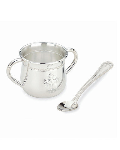 baby silver cup and spoon