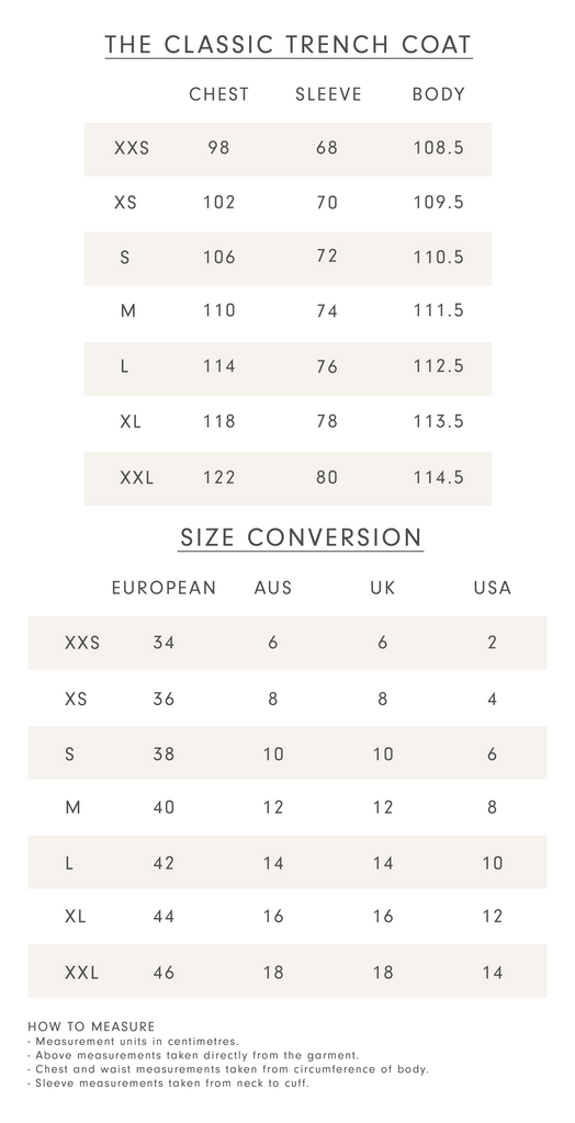 Size Chart - The Classic Trench – THE CURATED