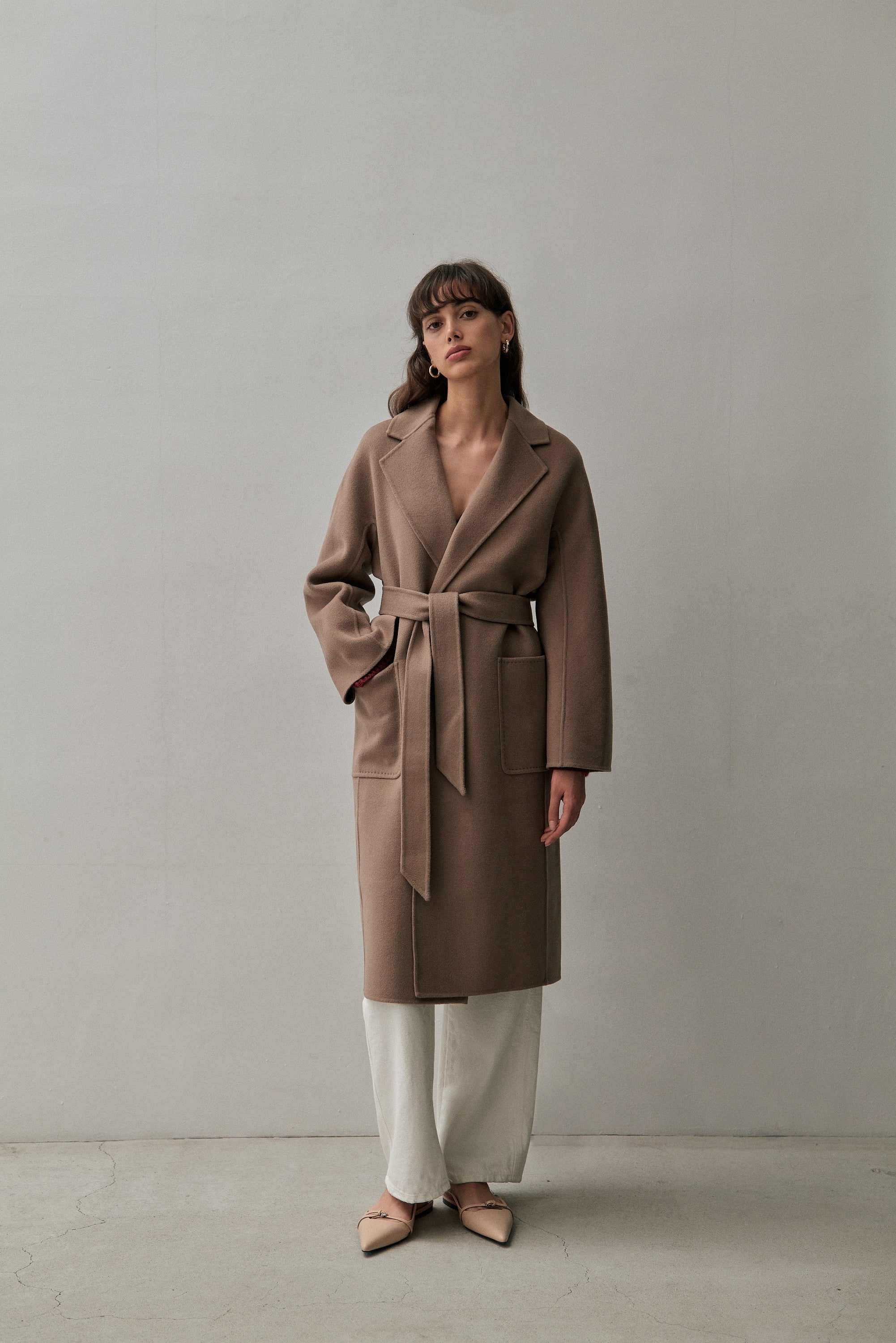 Coat with Tie Belt - Beige/brown checked - Ladies