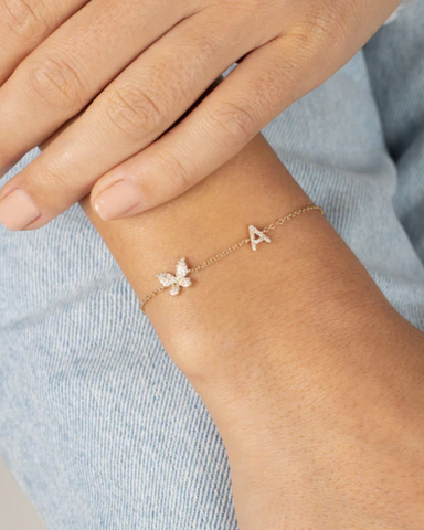 Diamond Pave Butterfly Initial Bracelet 14K