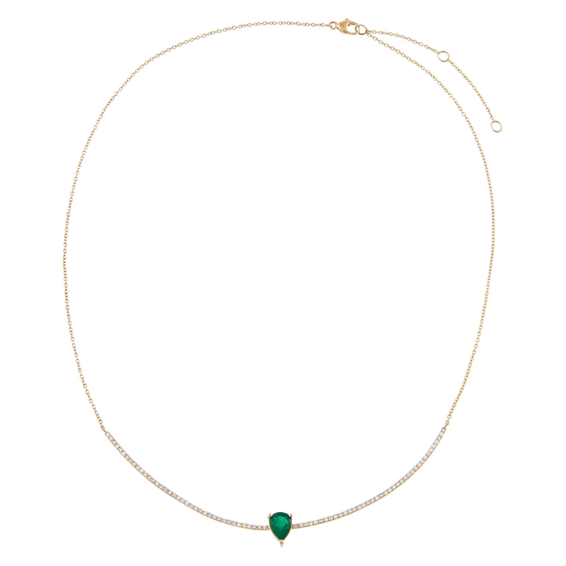 Diamond x Emerald Green Teardrop Scoop Bar Necklace 14K