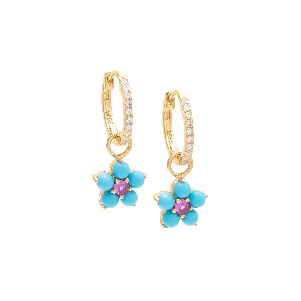 Turquoise Pavé Turquoise Flower Huggie Earring - Adina's Jewels