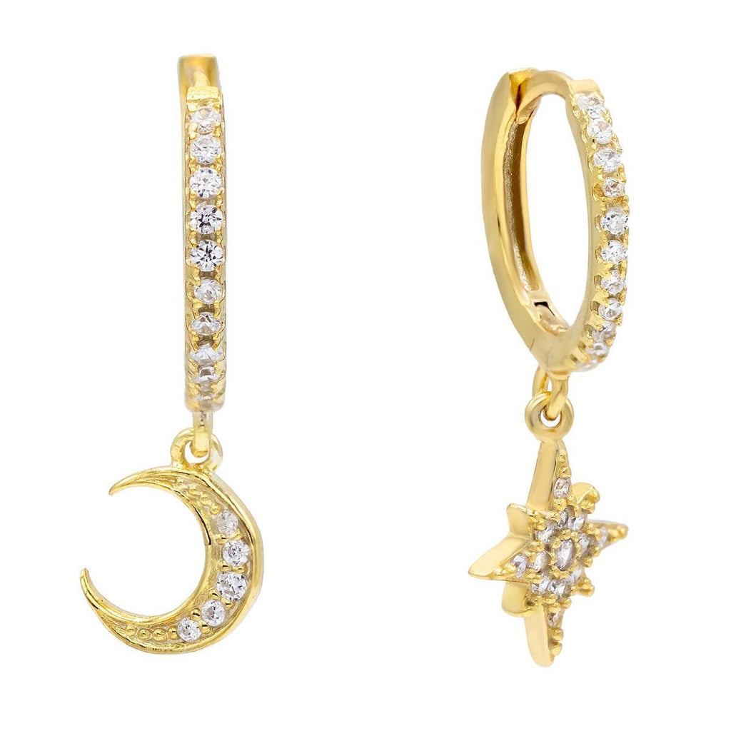 Gold Cubic Zirconia Moon & Star Huggie Earring | Adina's Jewels