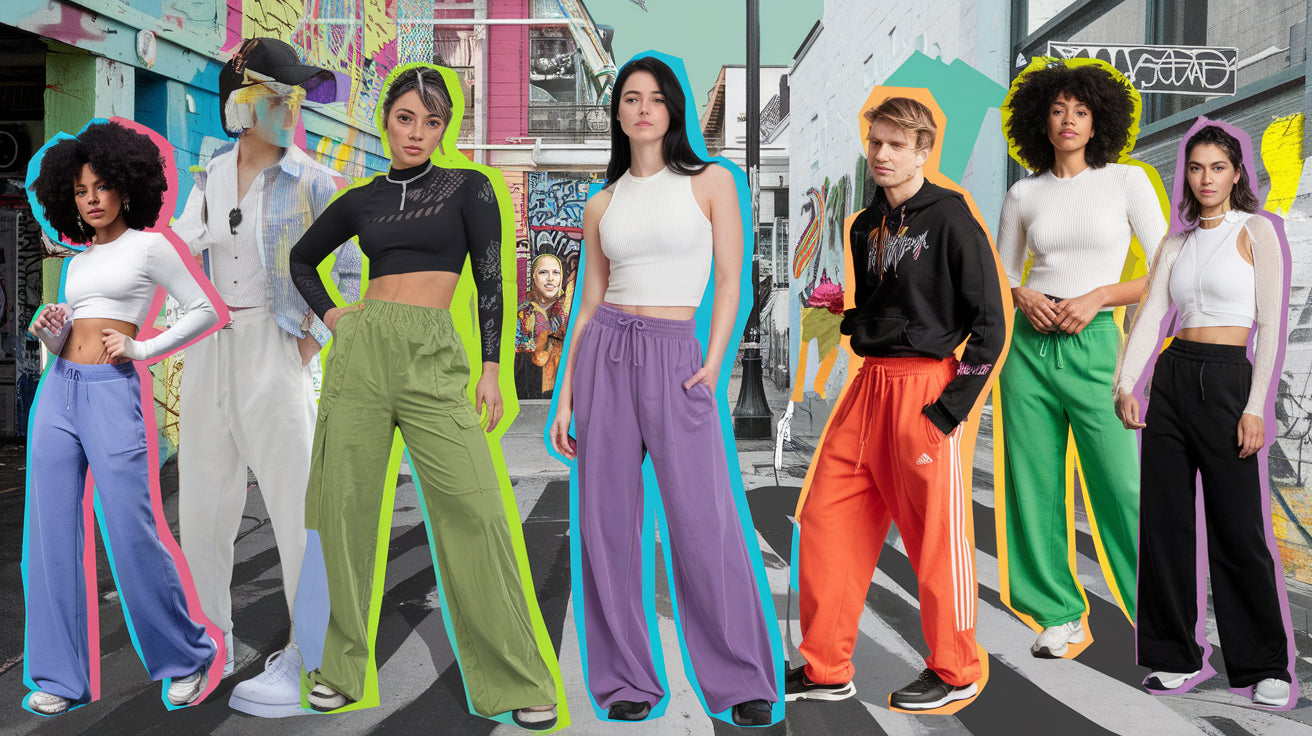 A collage art style image of a vibrant street scene showcasing diverse Y2K pants. There are people of various ethnicities wearing colorful Y2K pants. The background is a playful urban setting with neon colors and graffiti art.