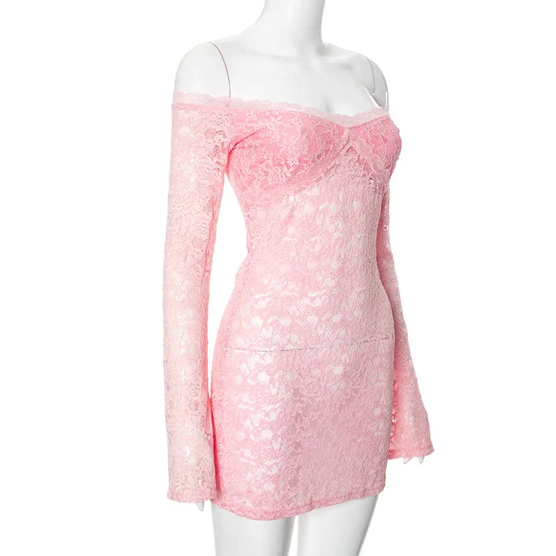 Sheer Off-Shoulder Lace Mini Dress for Elegant Parties - Image 5