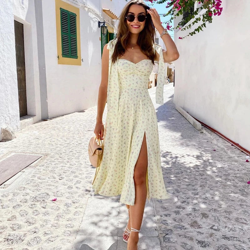 Elegant Pleated Backless Midi Dress with Bow Print - Image 6