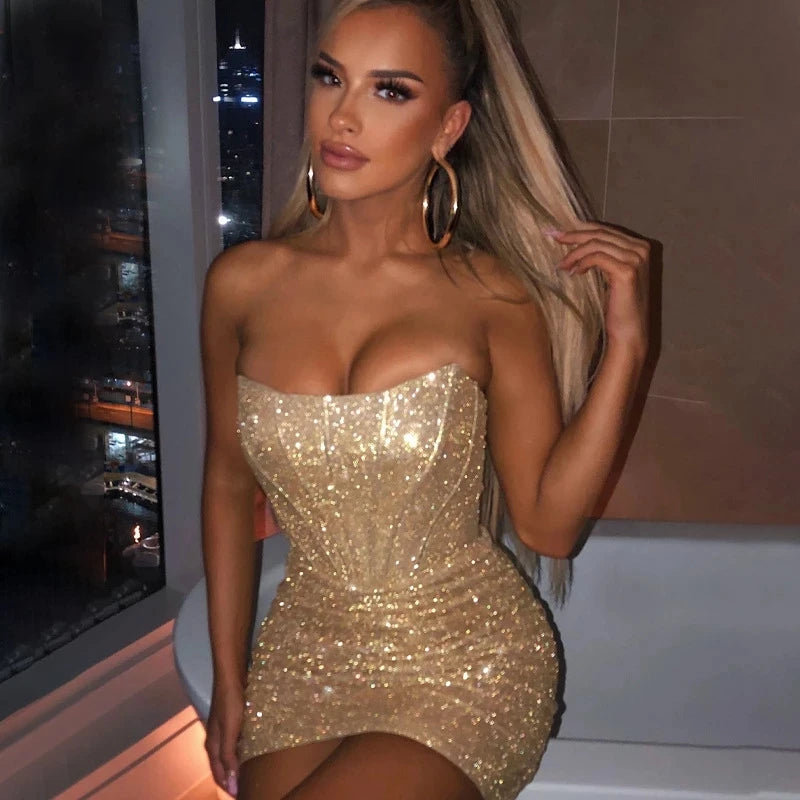 Elegant Strapless Silver Glitter Mini Bodycon Party Dress - Image 10