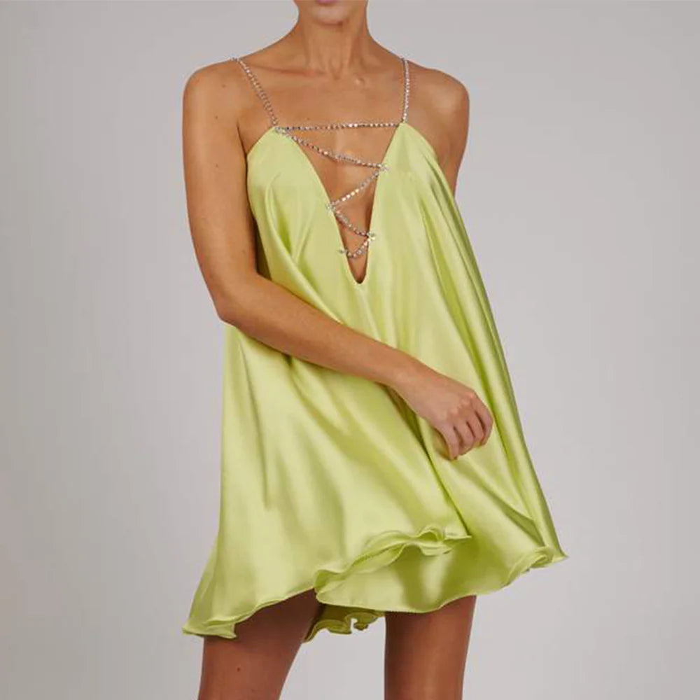 Elegant Satin Mini Dress with Double Layers and Diamonds - Image 8