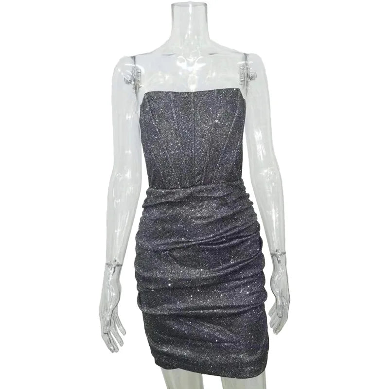 Elegant Strapless Silver Glitter Mini Bodycon Party Dress - Image 6