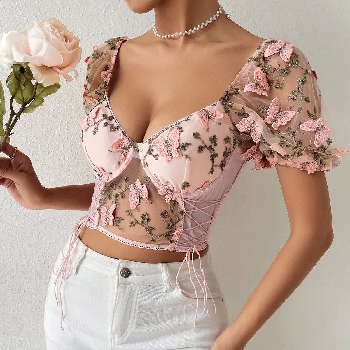 Floral Lace Crop Top with Square Neck and Backless Design - Image 4