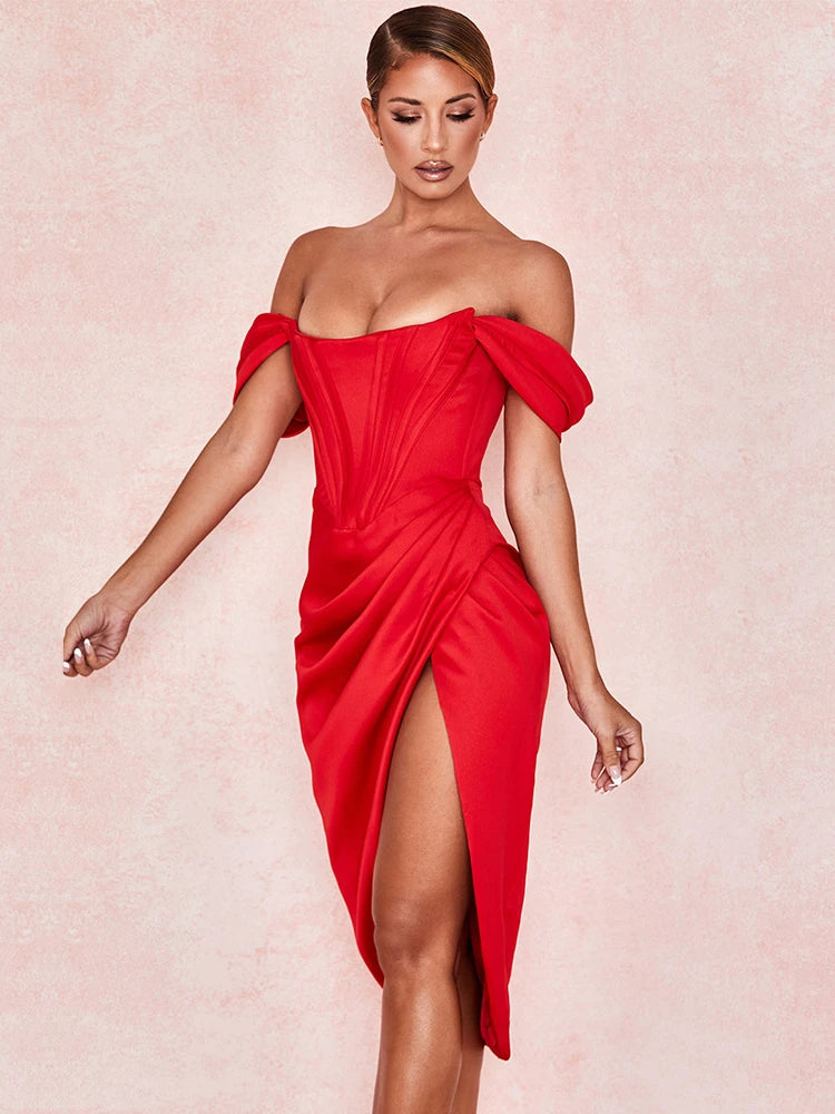 Elegant Off-Shoulder Satin Dress for Summer & Autumn Parties - Image 7
