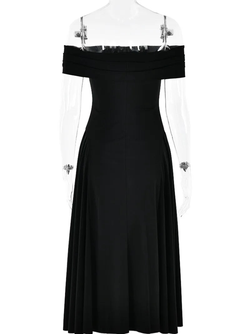 Elegant High Waist A-line Off-Shoulder Black Evening Dress - Image 7