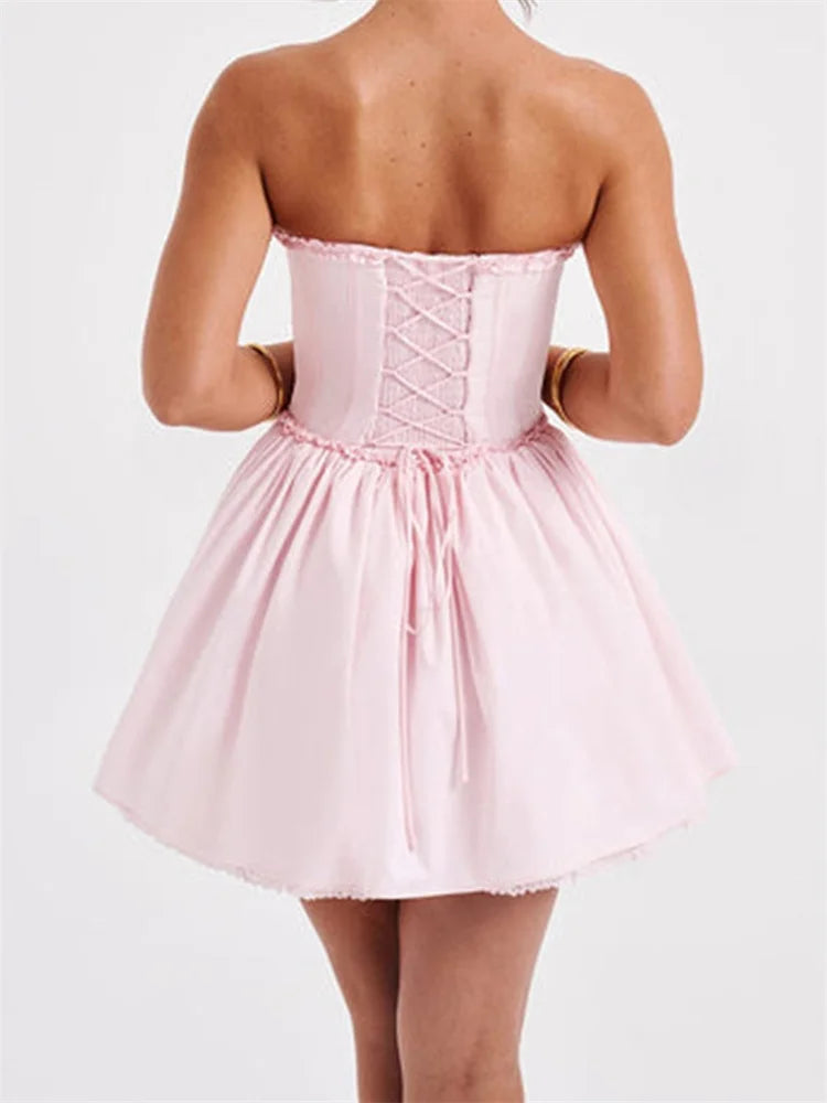 Elegant Strapless Mini Corset Dress with Lace Trim - Image 3