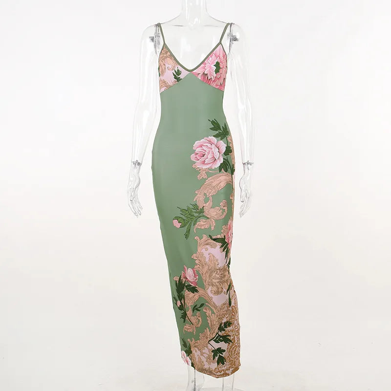 Floral Print Sleeveless V-Neck Green Summer Dress for Women - Image 4