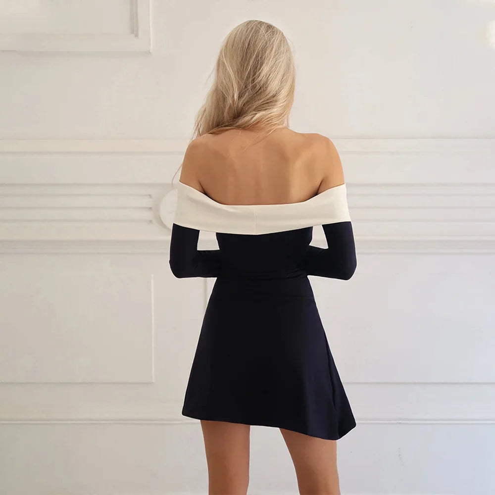 Elegant Strapless Off Shoulder Color Block Party Dress - Image 4
