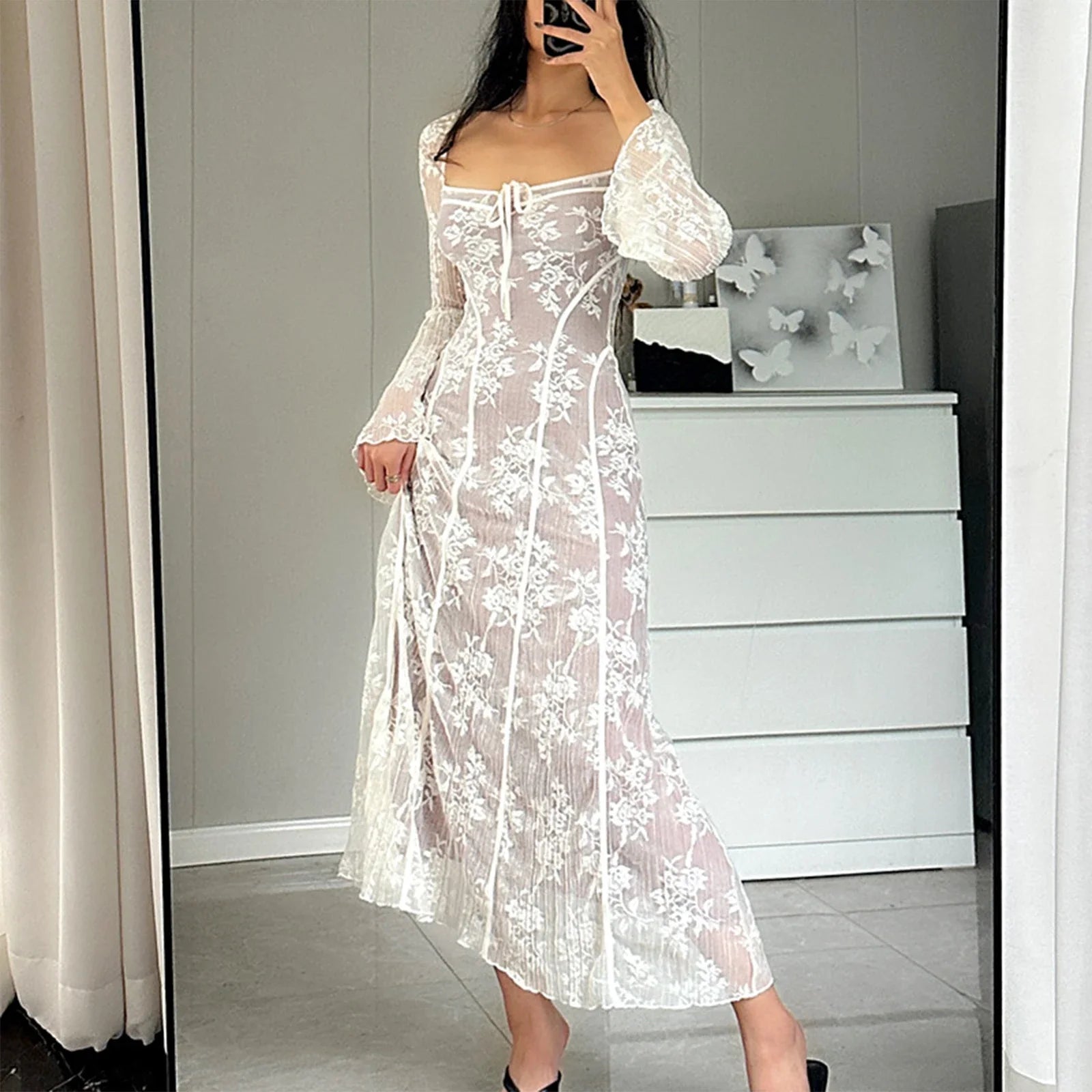 Elegant Long Sleeve Lace Dress with Square Neckline