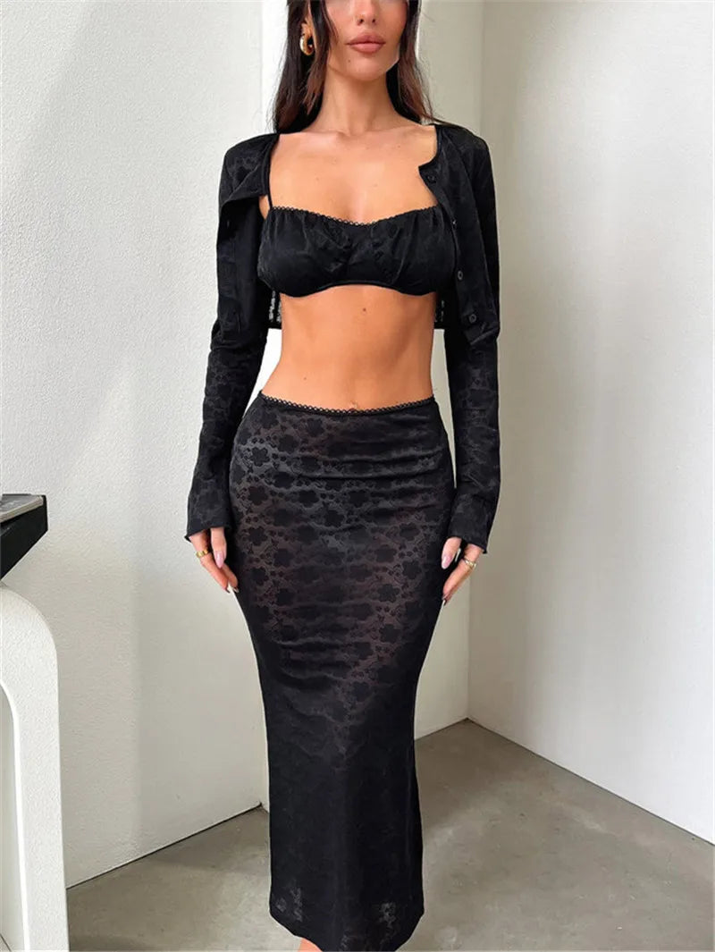 Lace Button-Down Cropped Cardigan and Long Skirt Set - Image 5