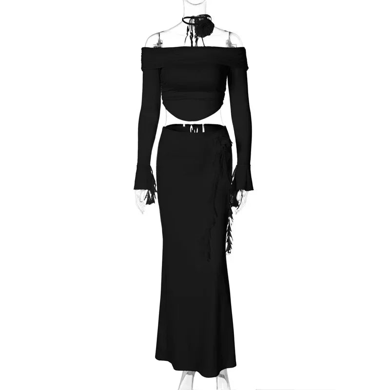 Elegant Floral Crop Top and Long Skirt Set for Parties - Image 9