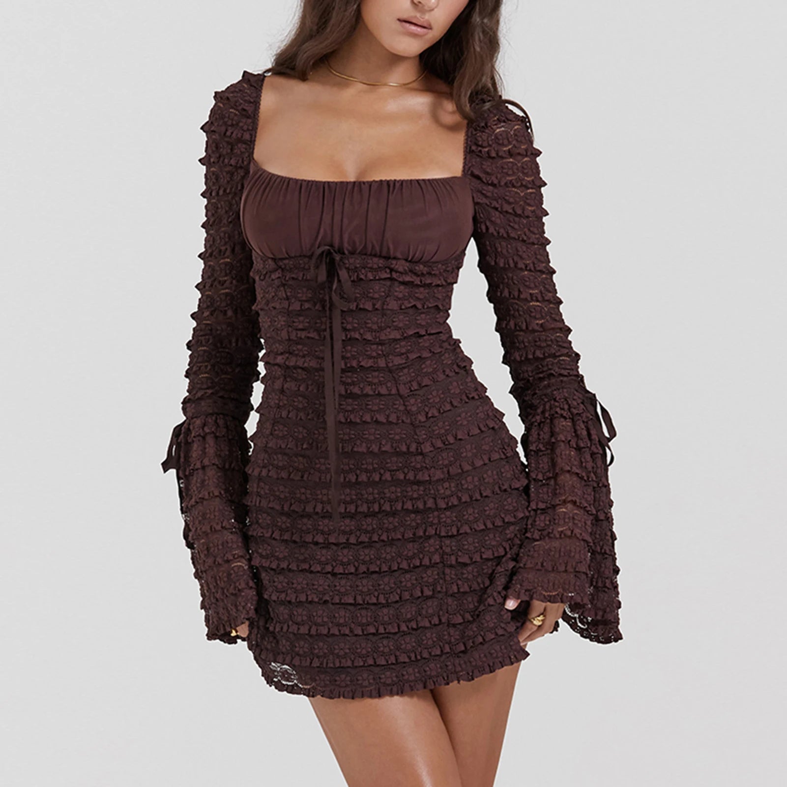 Vintage-Inspired Square Neck Flare Sleeve Mini Dress - Image 6