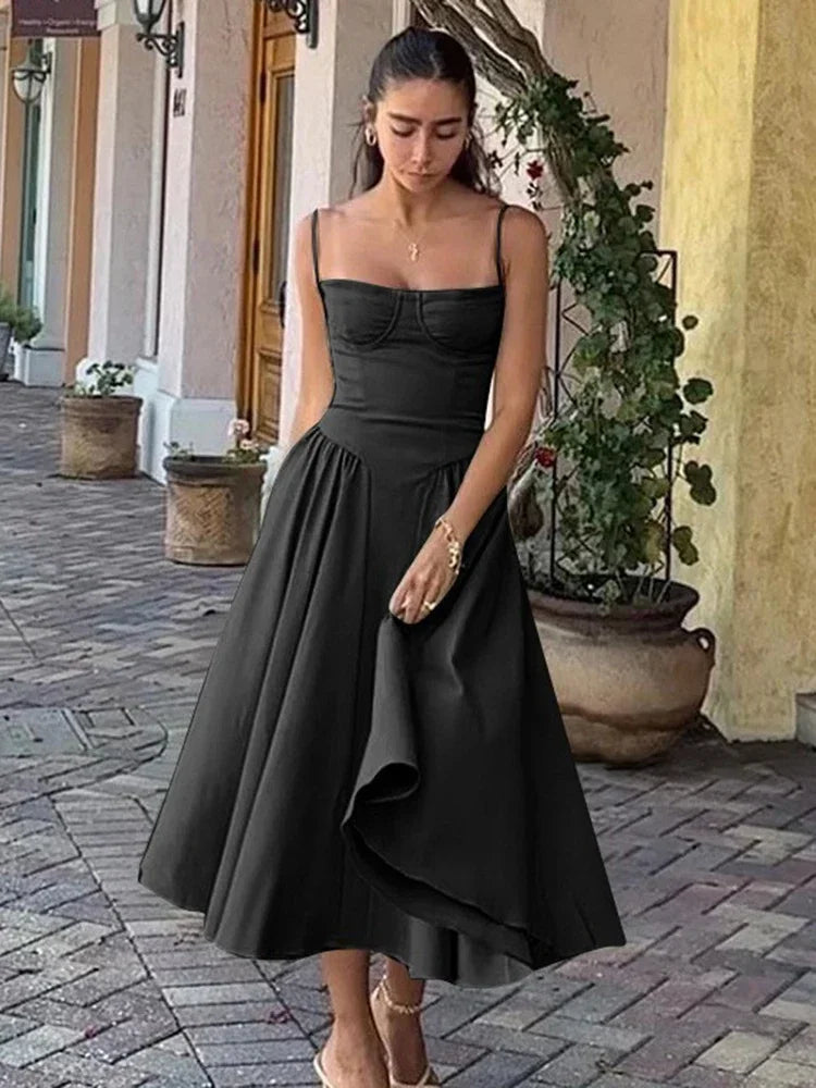 Elegant Sleeveless A-line Midi Dress with Spaghetti Straps - Image 14