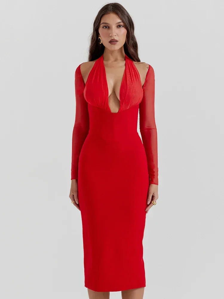 Elegant Off-Shoulder Deep V Midi Dress for Women - Image 7