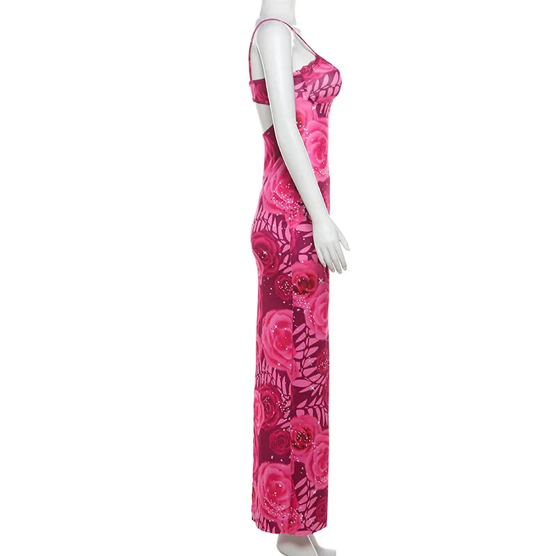 Backless Floral Print Lace Trim Summer Maxi Dress - Image 5