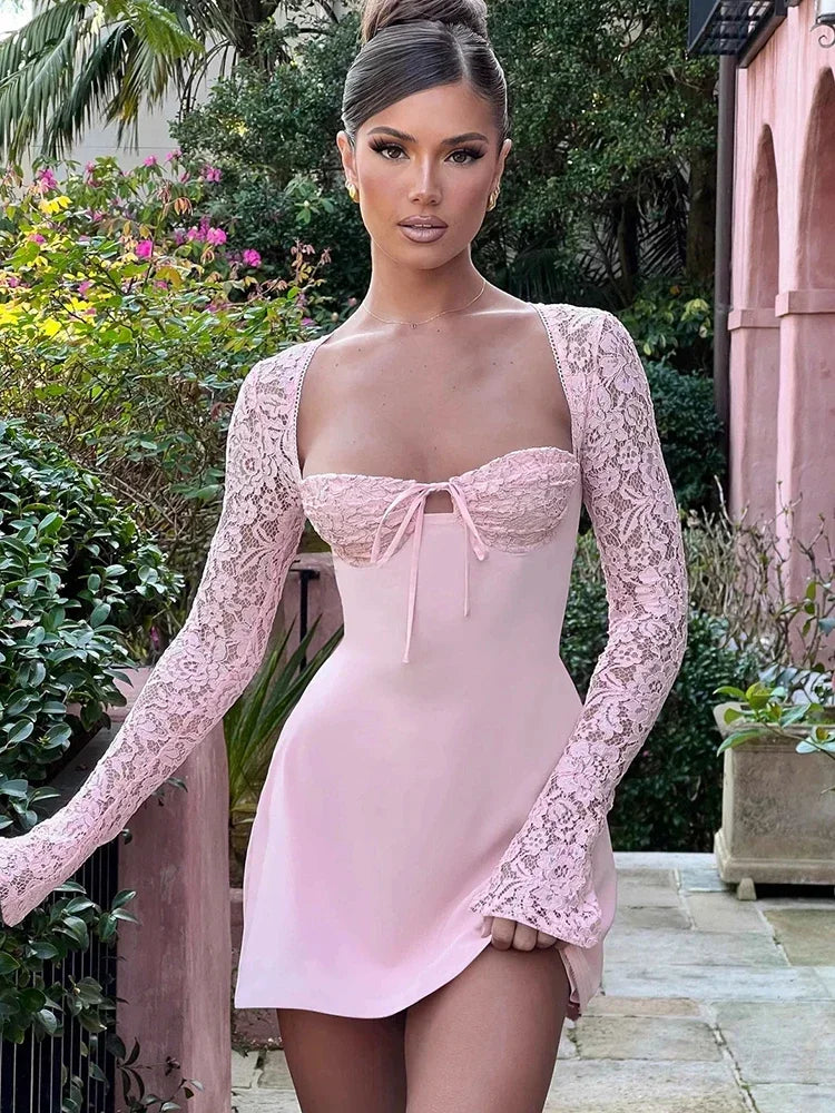 Elegant Sheer Lace Mini Dress with Long Sleeves for Parties - Image 7