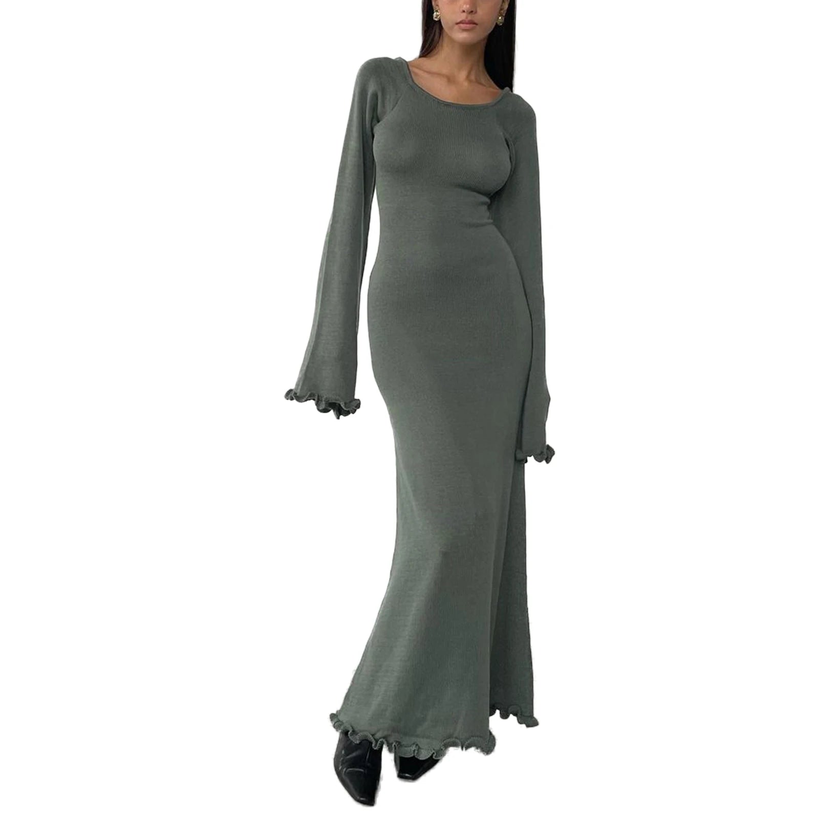 Women’s Ribbed Ruffle Trim Long Sleeve Bodycon Dress - Image 12