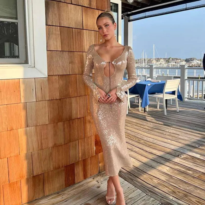 Elegant V-Neck Hollow Out Sequin Maxi Dress for Women - Image 5